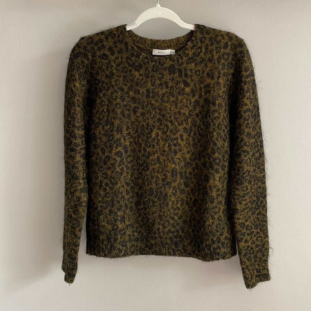 A.L.C. Olive Green and Black Leopard Print Crewneck Sweater